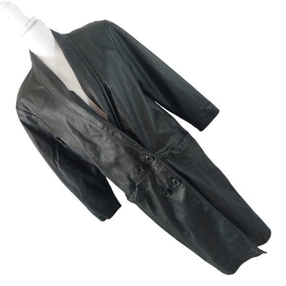 INTERNATIONAL LEATHER! BLACK GENUINE LEATHER DOUBLE BREASTED TRENCHCOAT! SZ M - Picture 1 of 13